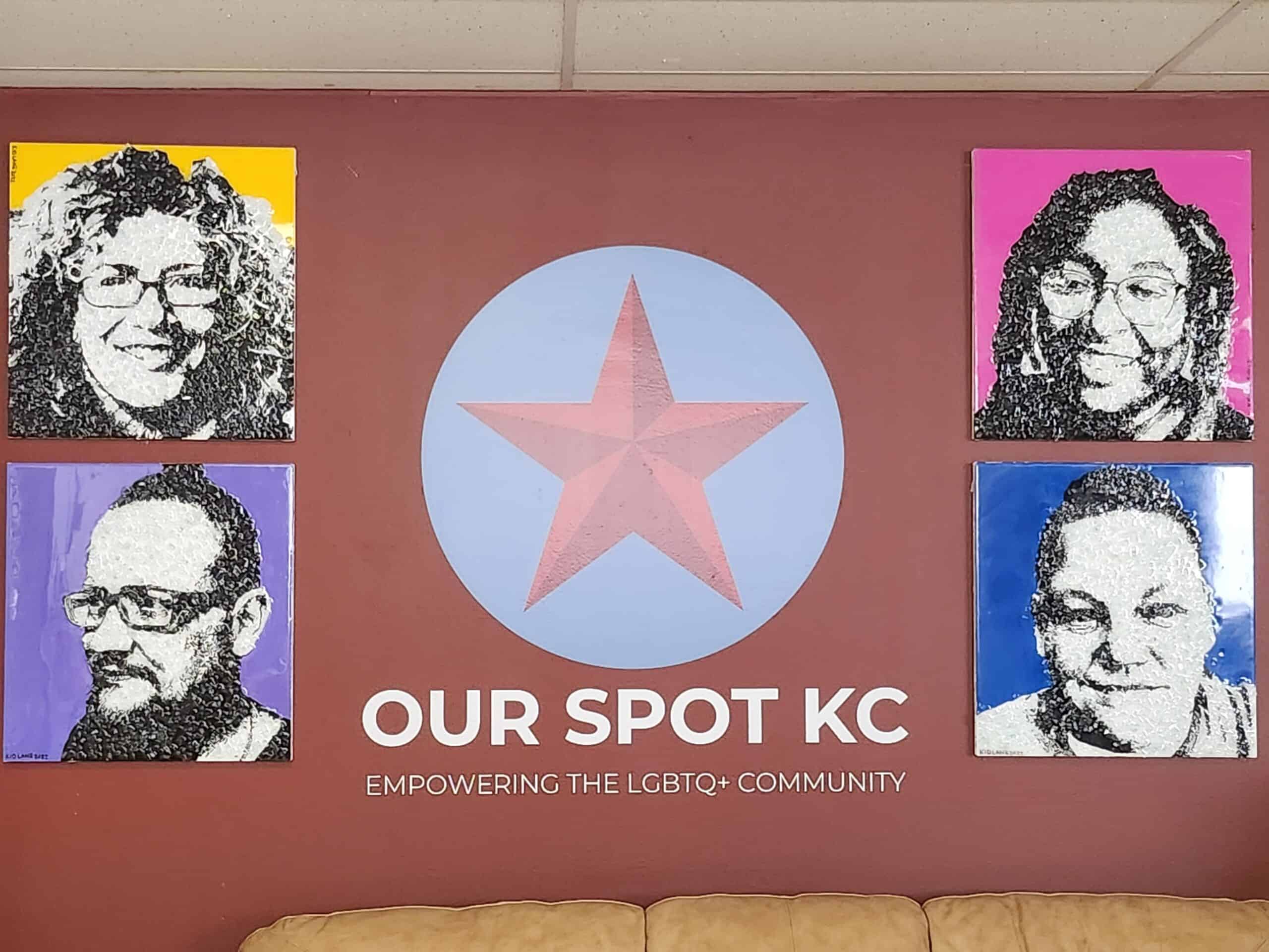 The Our Spot KC logo, a red star on a blue circle, against a dark red background. It is surrounded on either side by colorful portraits of smiling people.